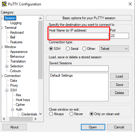 Hostname section in PuTTY