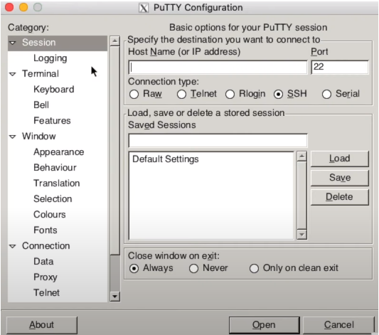 PuTTY configuration Window in Mac