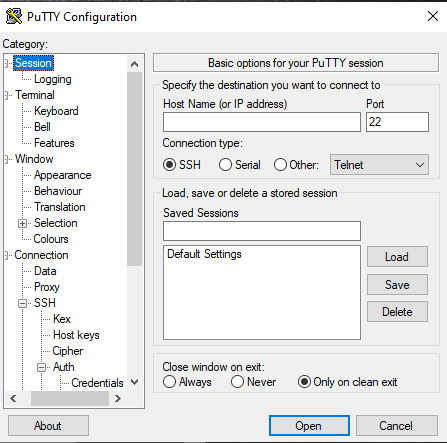 PuTTy configuration window in Raspberry pi
