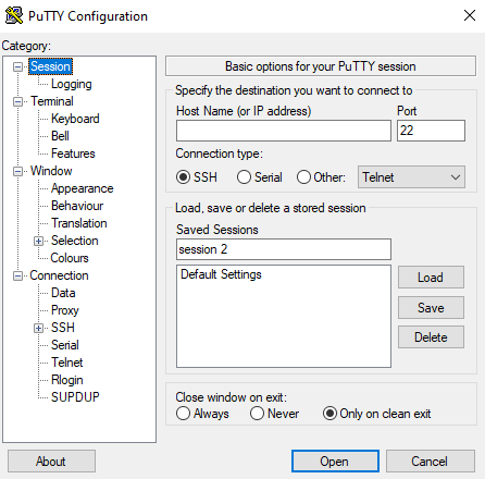 PuTTY configuration Window on Raspberry Pi